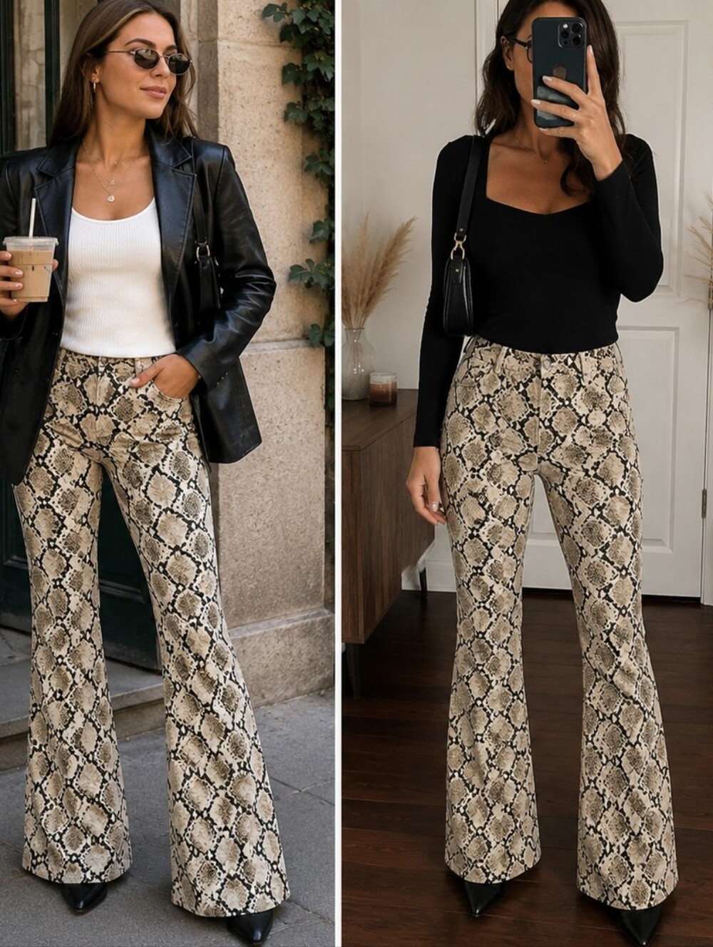 American Eagle Snake Print Flared Pants - Neutral Python Pattern
